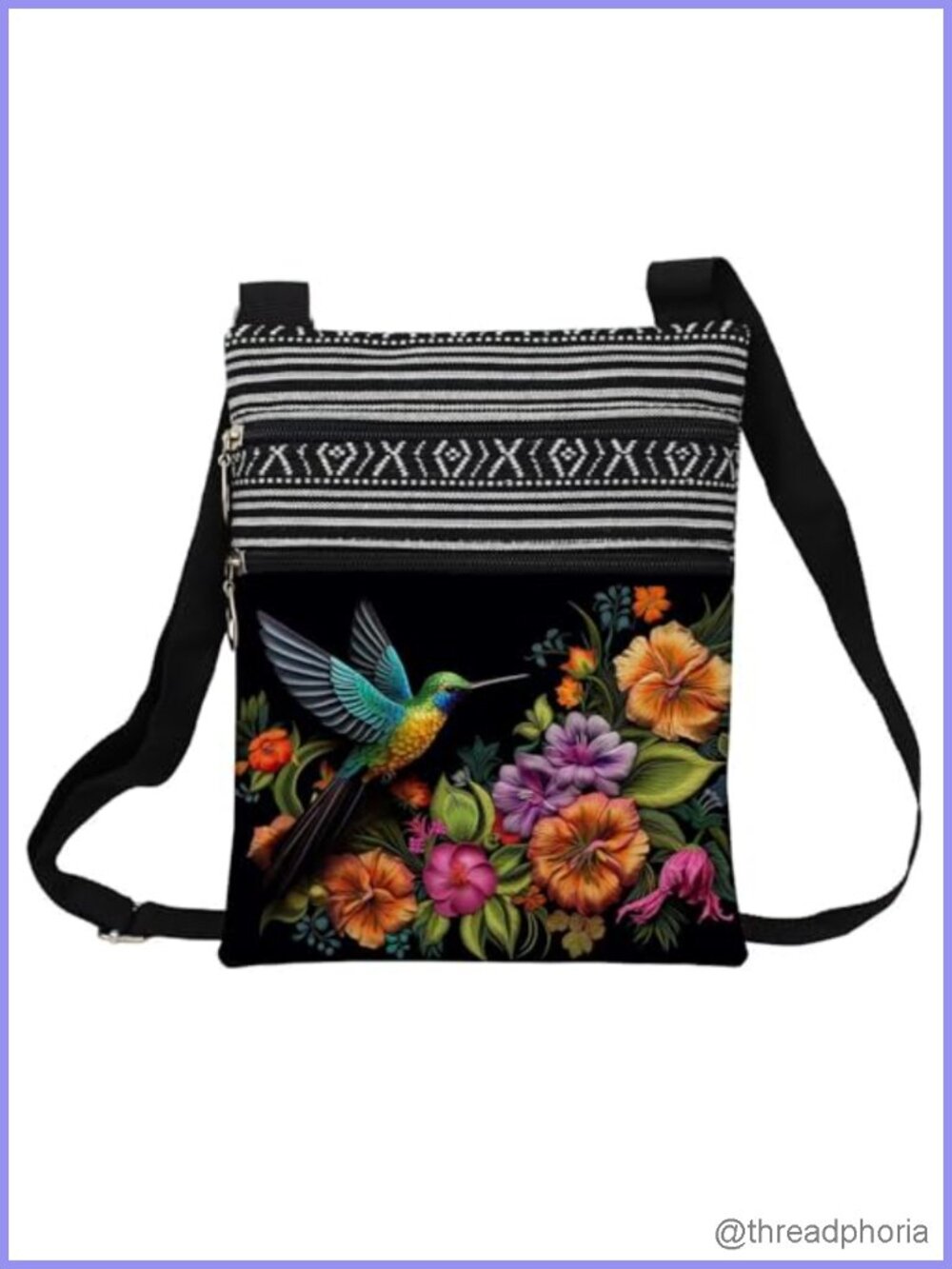Floral Hummingbird Polyester Small Crossbody Bag with Adjustable Strap